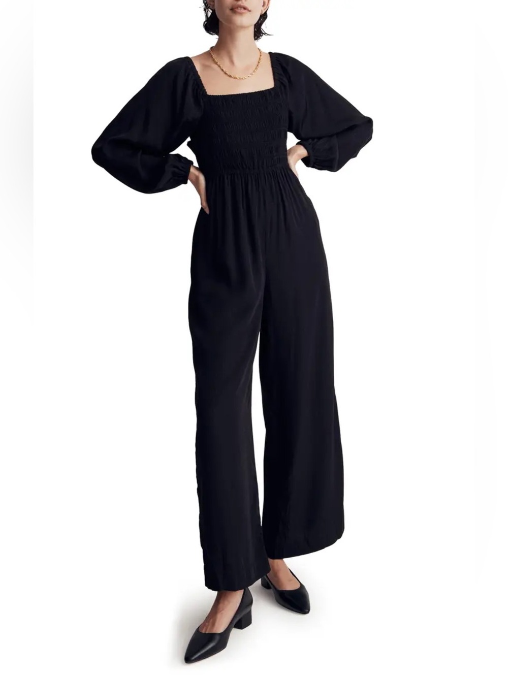 NWT Madewell Lucie Tie-Back Long-Sleeve Jumpsuit in Black Star Jacquard Size 8
